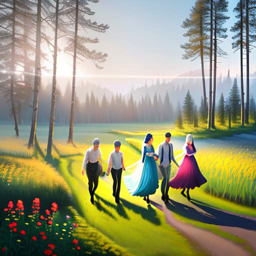  A kind, happy family (mom, dad, and three children) are walking in the field in the summer behind birches. Painting for a children's book. hyperrealistic, full body, detailed clothing, highly detailed, cinematic lighting, stunningly beautiful, intricate, sharp focus, f/1. 8, 85mm, (centered image composition), (professionally color graded), ((bright soft diffused light)), volumetric fog, trending on instagram, trending on tumblr, HDR 4K, 8K