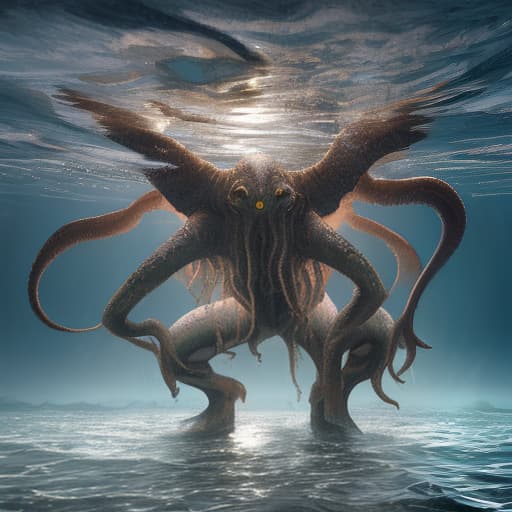  cthulhu on the background of sunset stands in the sea holding a square sheet of white paper, adventurous , wild , captivating , by david yarrow, nick brandt, art wolfe, paul nicklen, joel sartore