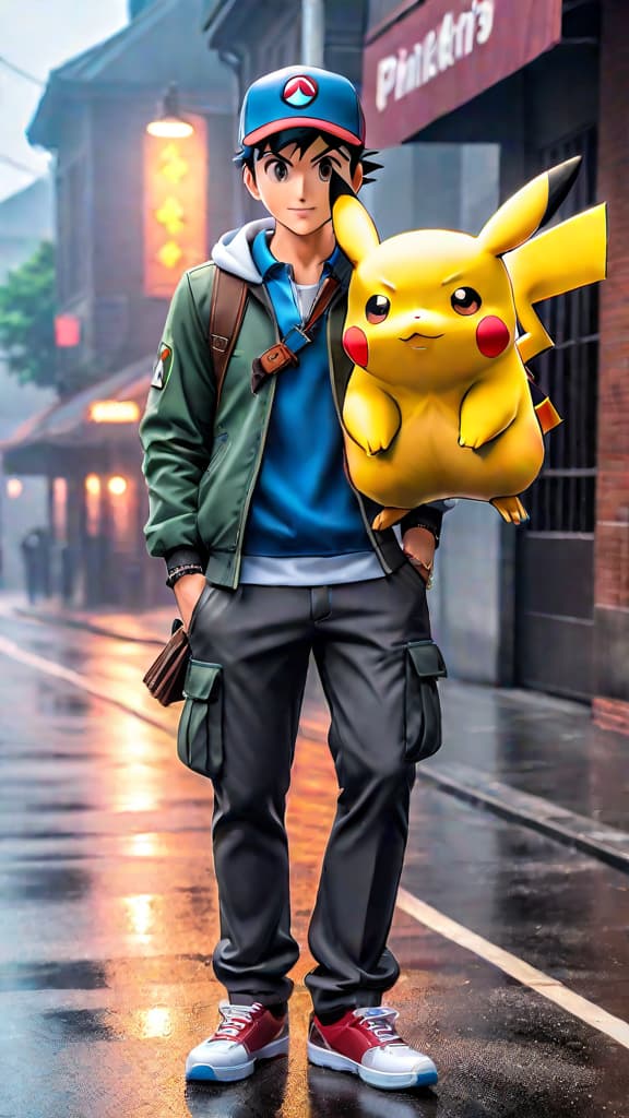  ash ketchum and pikachu from pokémon, standing together with tears and smiles, embodying true partnership in anime art hyperrealistic, full body, detailed clothing, highly detailed, cinematic lighting, stunningly beautiful, intricate, sharp focus, f/1. 8, 85mm, (centered image composition), (professionally color graded), ((bright soft diffused light)), volumetric fog, trending on instagram, trending on tumblr, HDR 4K, 8K