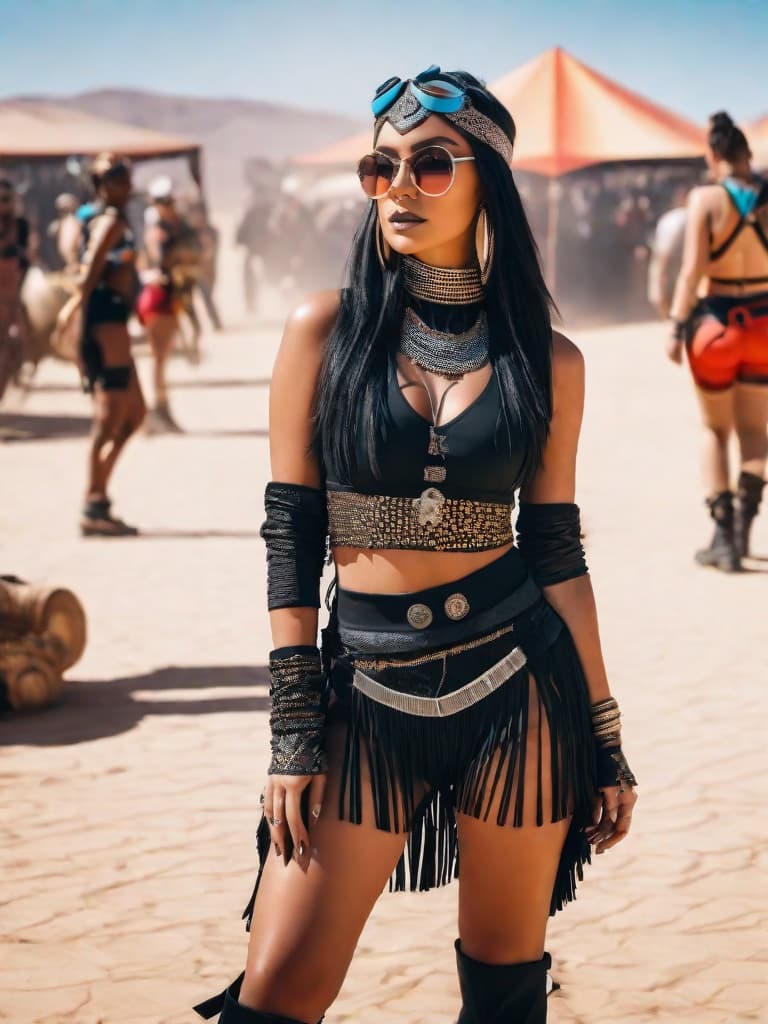  A medium, photo of a female influencer on the desert festival, dressed in a revealing rave outfit, decorated with fringe, bright outfit, steampunk style, daytime, desert background, sharp focus, cinematic, hd