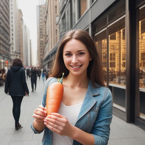  a hyper realistic photo of a beautiful woman holding only a carrot while smiling. full body image. location is outside in a city.