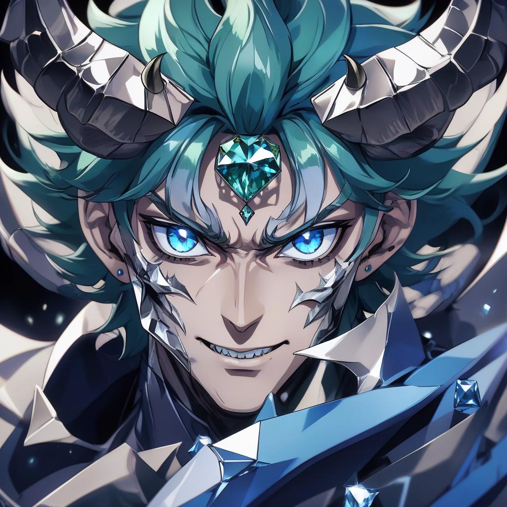  anime artwork the face of the diamond devil. man. dark green eyes. can see fangs. with horns. colors blue, blue, silver. in a circle . anime style, key visual, vibrant, studio anime, highly detailed