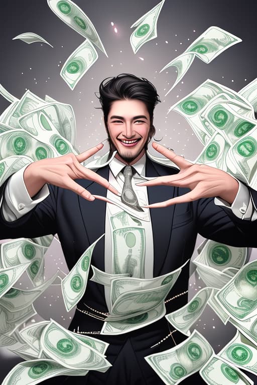  Please create a picture of a man with abundant dollars and look so powerful and happy