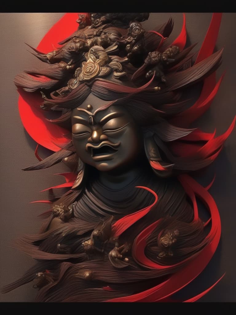  illustration style,japanese asura statue,young handsome bronze statue with 3 faces,masterpiece,high quality,16k,super analysis