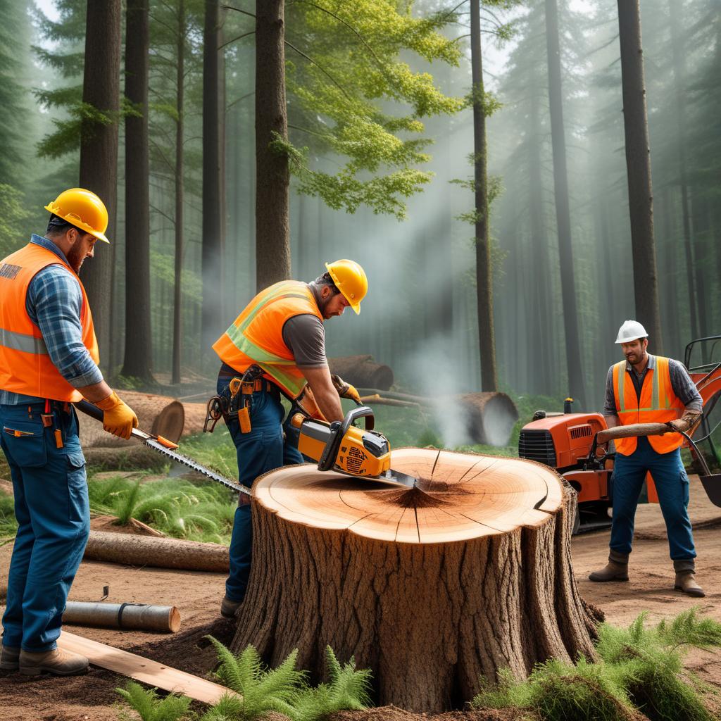  A scene of tree stump removal by professionals. The image should show a tree stump being cut down or removed by workers. Include workers wearing safety gear such as helmets and vests, using tools like axes, chainsaws, or specialized machinery. The setting can be a typical backyard or a wooded area. hyperrealistic, full body, detailed clothing, highly detailed, cinematic lighting, stunningly beautiful, intricate, sharp focus, f/1. 8, 85mm, (centered image composition), (professionally color graded), ((bright soft diffused light)), volumetric fog, trending on instagram, trending on tumblr, HDR 4K, 8K