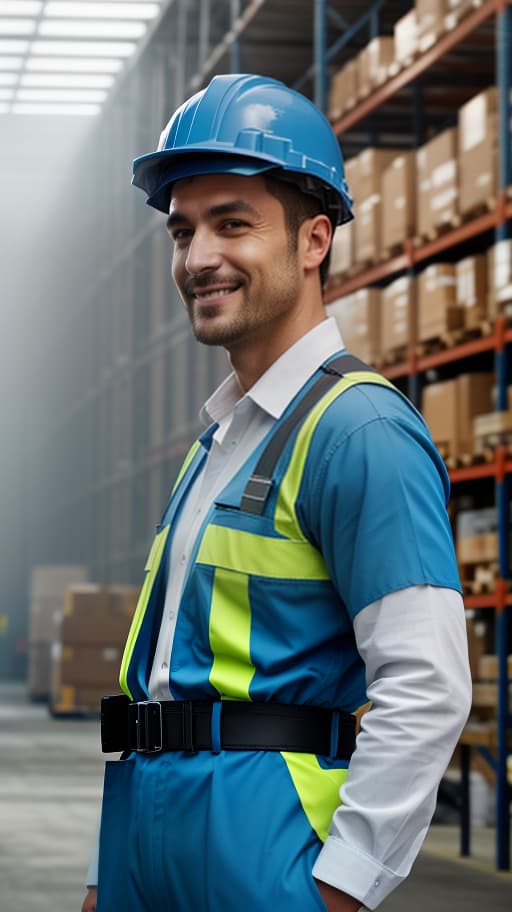  a happy male worker in a blue construction uniform, wearing a protective helmet on his head, stands tall, against the background of a warehouse in white shades, realistic style, size 156*210 cm, high quality hyperrealistic, full body, detailed clothing, highly detailed, cinematic lighting, stunningly beautiful, intricate, sharp focus, f/1. 8, 85mm, (centered image composition), (professionally color graded), ((bright soft diffused light)), volumetric fog, trending on instagram, trending on tumblr, HDR 4K, 8K