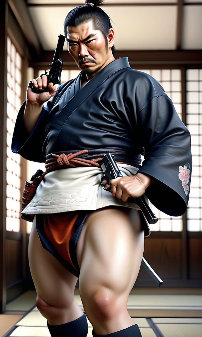  hyperrealistic art in full growth, beautiful , the ancestor of the samurai, killer, heavy and fat, big , in , with pistol in hand, white short hair, tight fitting clothes on the stomach, in a fighting position, concept art, ilrative, in color, digital artwork, highly detailed. . extremely high resolution details, photographic, realism pushed to extreme, fine texture, incredibly lifelike