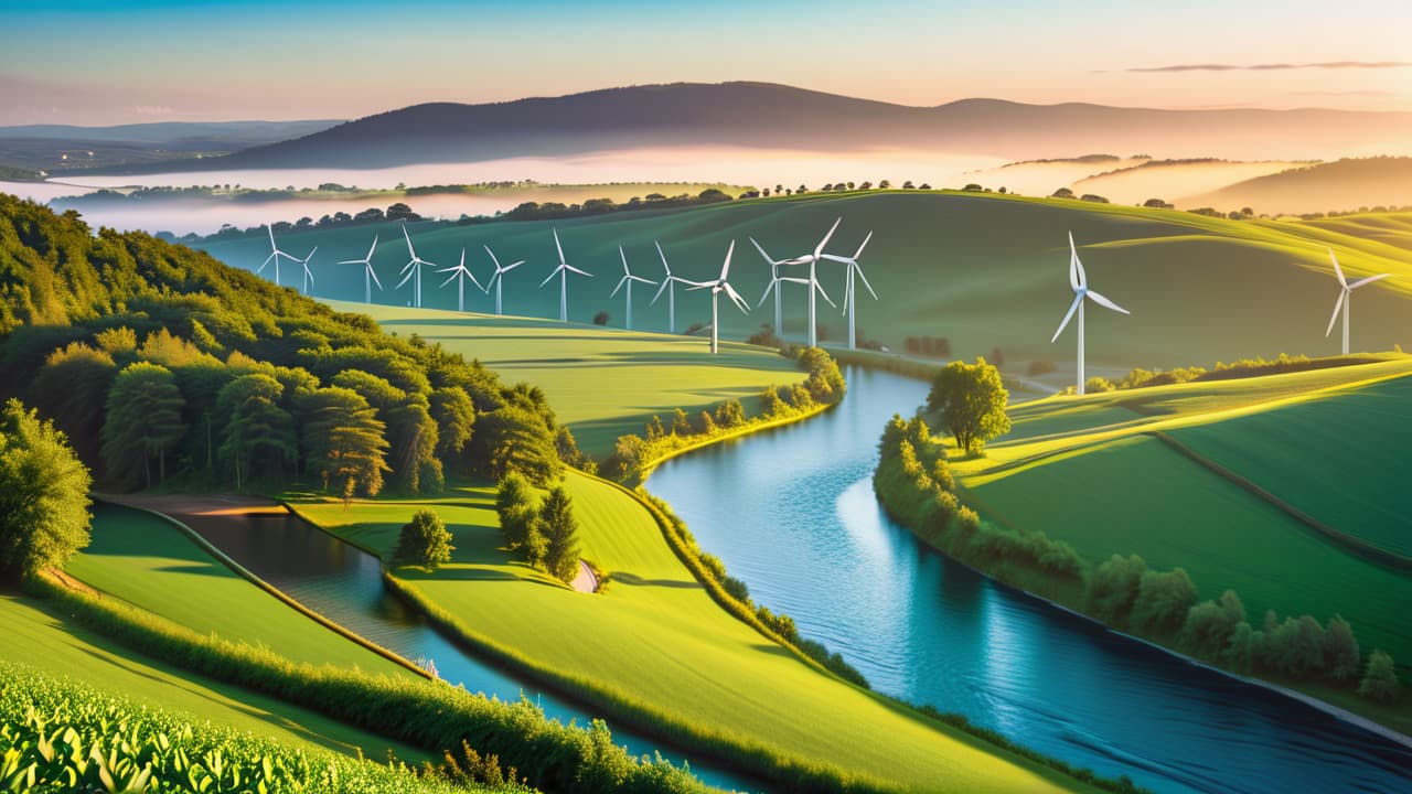  a vibrant landscape featuring wind turbines on rolling hills, solar panels glistening under a bright sun, and a flowing river with a hydroelectric dam, all surrounded by lush greenery and a clear blue sky. hyperrealistic, full body, detailed clothing, highly detailed, cinematic lighting, stunningly beautiful, intricate, sharp focus, f/1. 8, 85mm, (centered image composition), (professionally color graded), ((bright soft diffused light)), volumetric fog, trending on instagram, trending on tumblr, HDR 4K, 8K