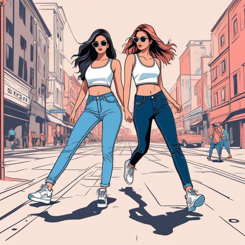  line art drawing two girls battling to the death in the street wearing crop tops and jeans. professional, sleek, modern, minimalist, graphic, line art, vector graphics