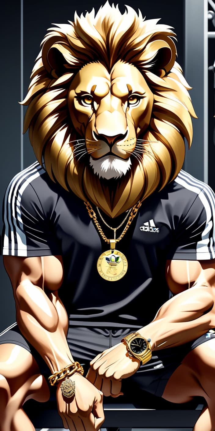  high quality, high detail, animal lion, lion in tracksuit "adidas", sits on a bench, hangs a gold chain with pendant "adidas" on his neck, on his hand one watch gym, dumbbells on the floor, drawing, looks at the camera