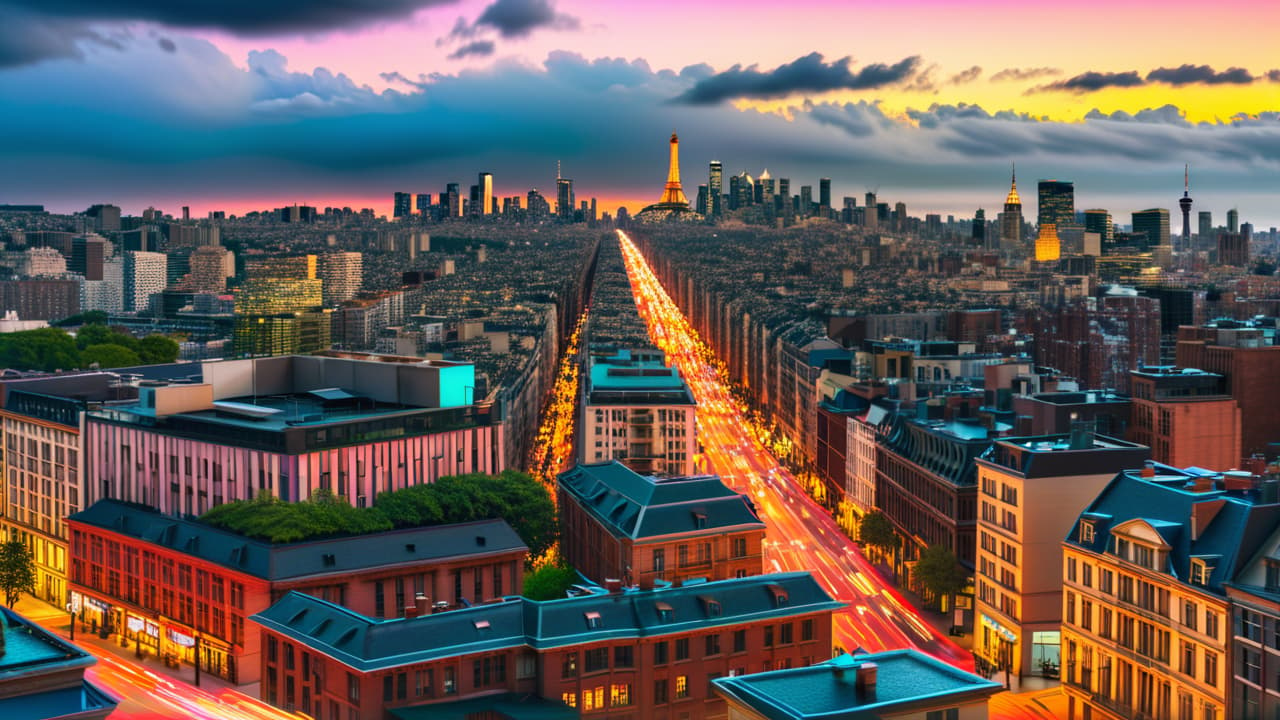  aerial view of a bustling cityscape at sunset, showcasing a drone capturing vibrant images, surrounded by diverse photographers discussing pricing, with equipment laid out, framed by a picturesque skyline and dynamic clouds. hyperrealistic, full body, detailed clothing, highly detailed, cinematic lighting, stunningly beautiful, intricate, sharp focus, f/1. 8, 85mm, (centered image composition), (professionally color graded), ((bright soft diffused light)), volumetric fog, trending on instagram, trending on tumblr, HDR 4K, 8K