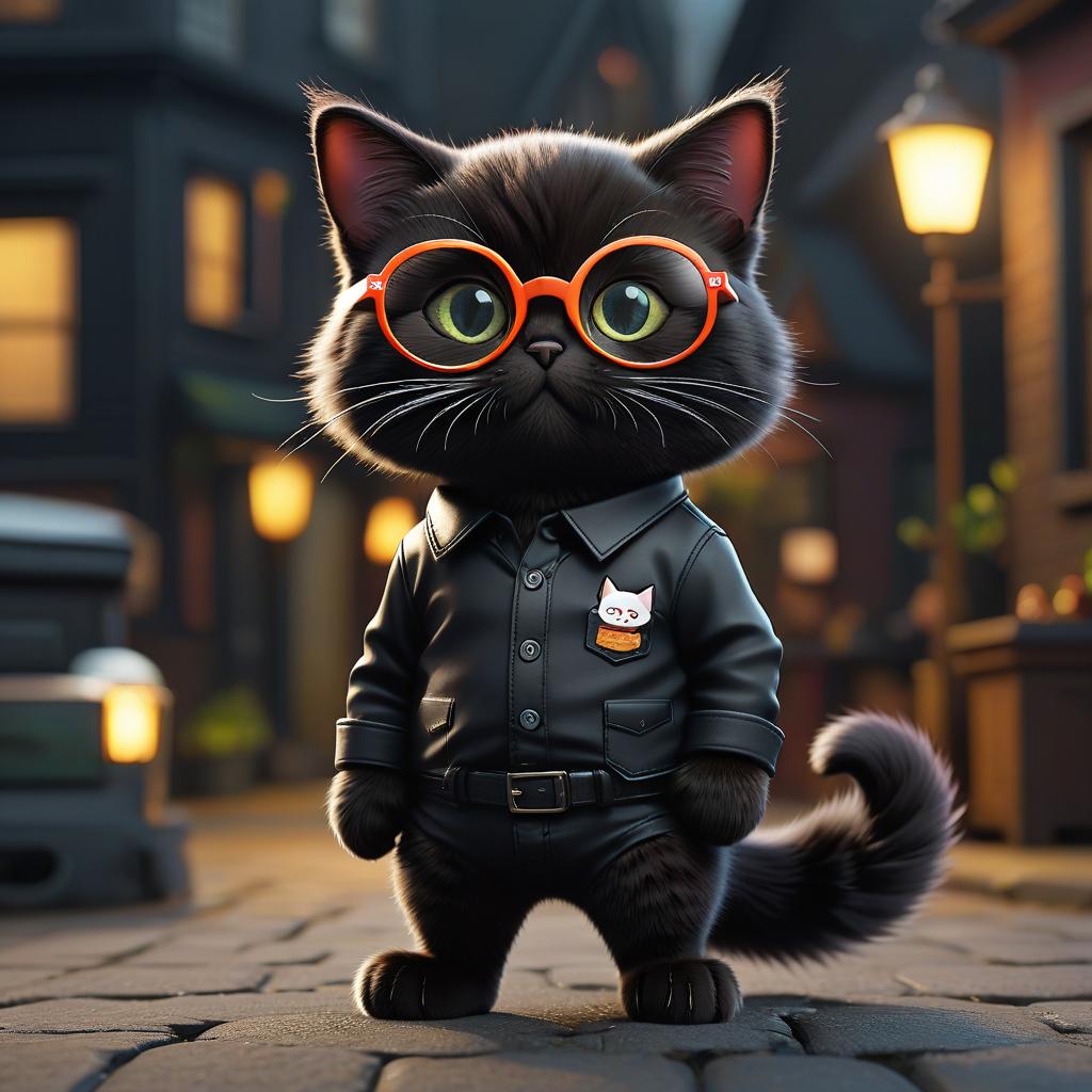  cartoon black cat with glasses in a black shirt, sticker hyperrealistic, full body, detailed clothing, highly detailed, cinematic lighting, stunningly beautiful, intricate, sharp focus, f/1. 8, 85mm, (centered image composition), (professionally color graded), ((bright soft diffused light)), volumetric fog, trending on instagram, trending on tumblr, HDR 4K, 8K