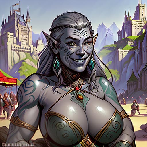   old , giant, gray skin, tattooed on her face, smiling, market, fantasy, magic, dragons, elves, castles, by donato giancola, ruan jia, kekai kotaki, magali villeneuve, even mehl amundsen