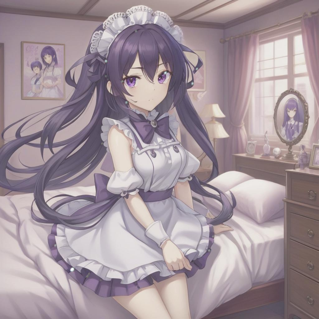  anime artwork , 20 year, dark purple hair, hair folded into a bundle, purple eyes, open maid's outfit, cutout on the , small silver earrings, bedroom . anime style, key visual, vint, studio anime, highly detailed