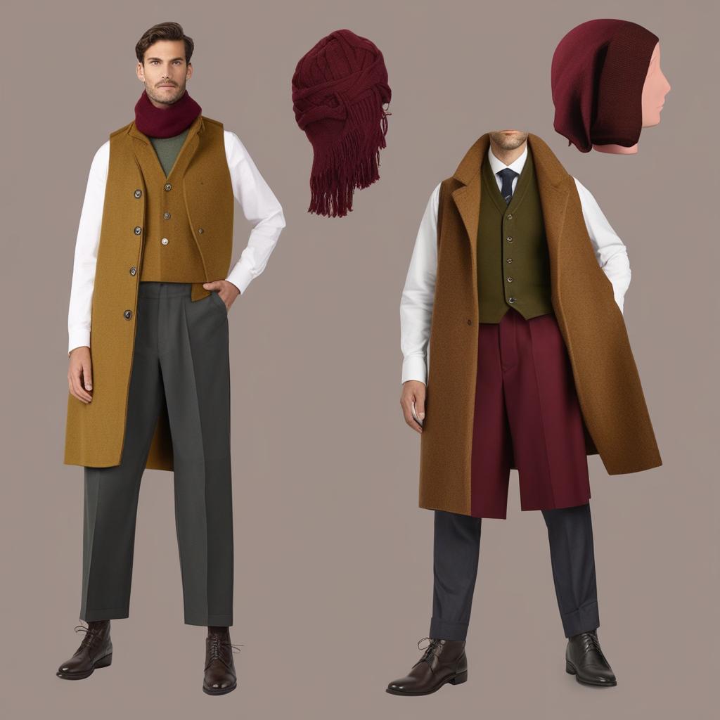  masterpiece, best quality,a man with 1. Shirt: Deep Burgundy (#800020) 2. Sweater or Sweater Vest: Camel (#C19A6B) 3. Jacket or Coat: Olive Green (#6B8E23) 4. Pants: Charcoal Grey (#36454F) 5. Boots: Dark Brown (#4E2A1A) 6. Scarf: Mustard Yellow (#FFDB58) 7. Hat: Rust (#B7410E) ,