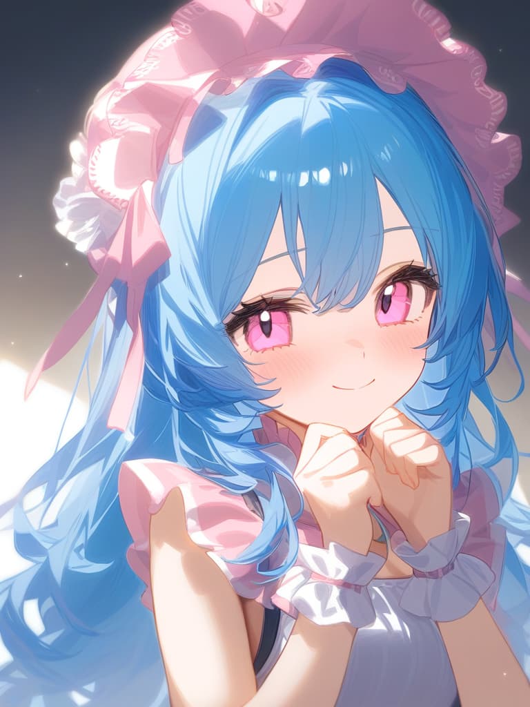  cute face focus,cute,light blue hair,light pink eyes,cute posing,frill onepiece,long hair,shy,smile,head dress