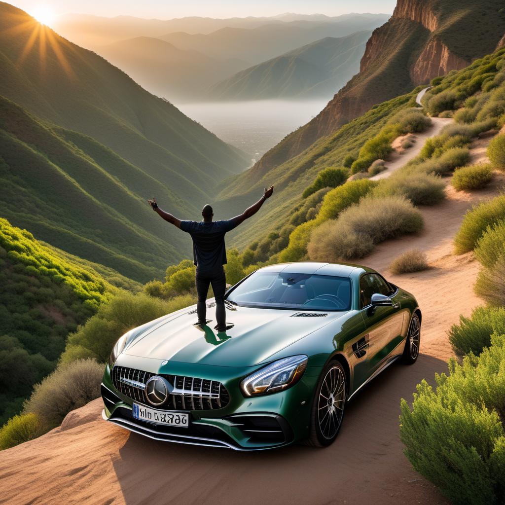  A tall black man getting out of a Mercedes-Benz on top of a mountain in Southern California, looking at the sky with hands raised in praise. The scene captures a beautiful sunrise with rays of light flowing down the mountains and into the green valley below. The area is lush with greenery, depicting the beauty of nature in Southern California. hyperrealistic, full body, detailed clothing, highly detailed, cinematic lighting, stunningly beautiful, intricate, sharp focus, f/1. 8, 85mm, (centered image composition), (professionally color graded), ((bright soft diffused light)), volumetric fog, trending on instagram, trending on tumblr, HDR 4K, 8K