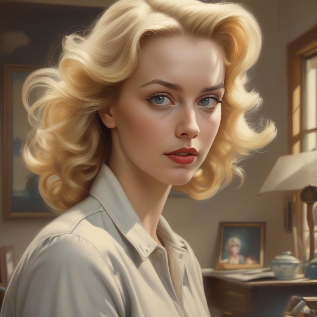  concept art a painting of a woman with blonde hair, portrait of a blonde woman, gil elvgren 50mm, photorealistic digital painting, cinematic realistic portrait, oil painting of realistic woman, by richard estes, award winning oil painting, a photorealistic painting, photo realistic painting, photorealistic oil painting, in stunning digital paint, digital art. photo realistic . digital artwork, illustrative, painterly, matte painting, highly detailed