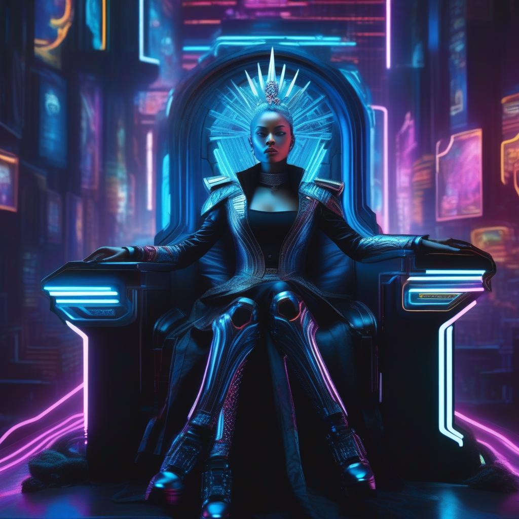  ((pencil drawing)), **"Cyberpunk Fantasy Queen on a Neon Throne" A cyberpunk queen sits on a throne made of neon lights, surrounded by towering skyscrapers and holographic advertisements. Her piercing blue eyes are enhanced by cybernetic implants, and her hair is an array of colors that shift and change with the neon lights. She wears a black, form-fitting suit, adorned with metal and circuitry, and holds a glowing scepter in one hand. Her rule is absolute in this world of technology and neon, and she is feared and respected by all who cross her path. --ar 1:2 --c 80 --s 800 --q 5 , high quality, highly detailed, 4K, 8K