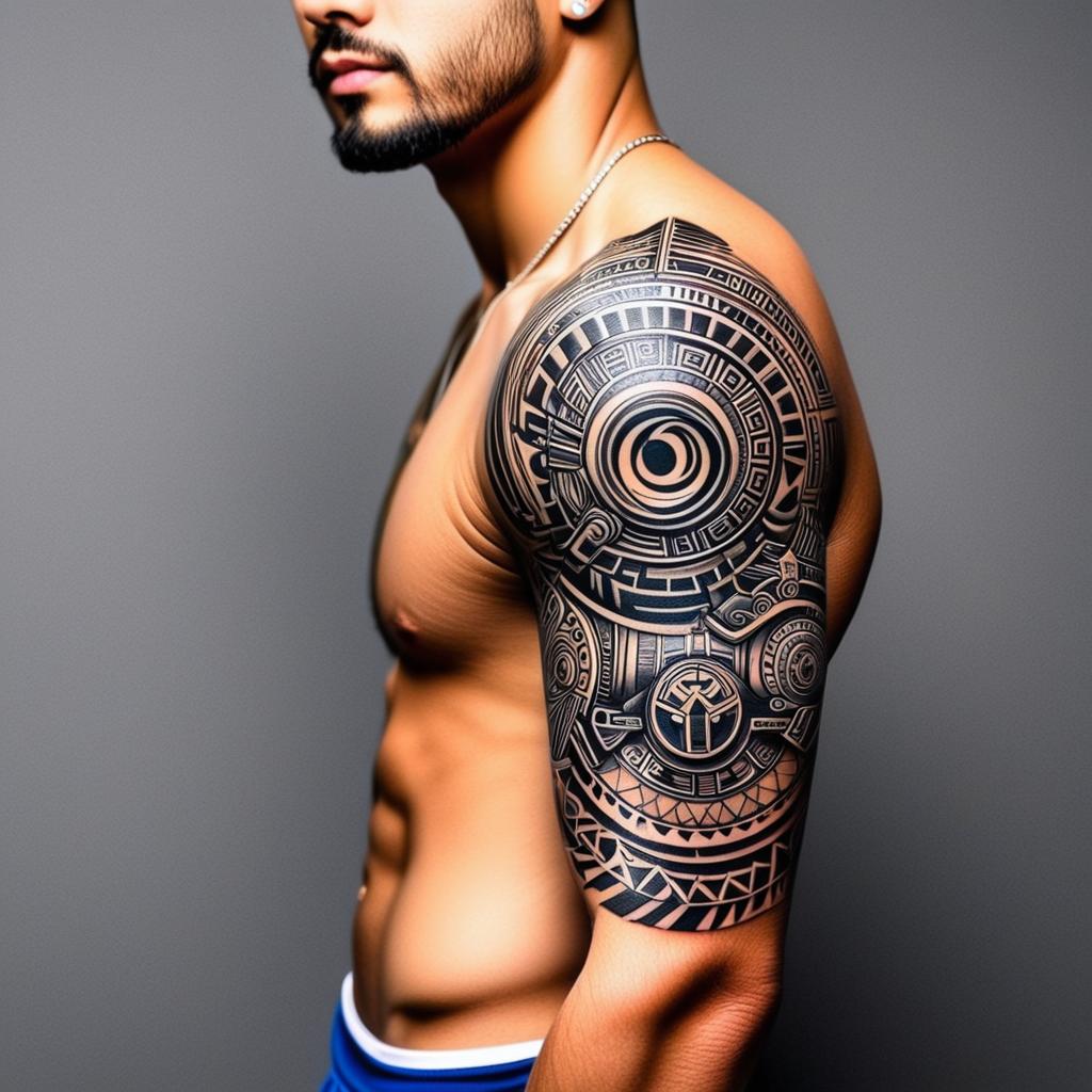  robot arm mix with mayan culture, (tattoo), (sleeve tattoo design on the arm)