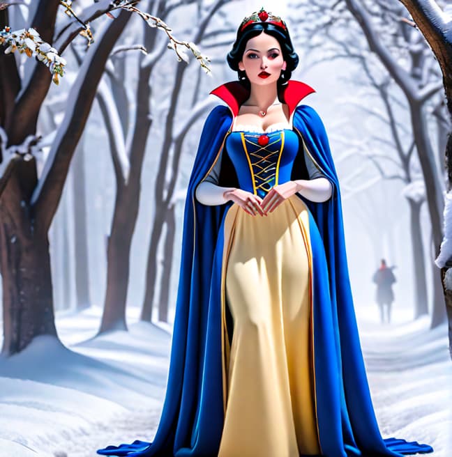  Snow white, whole body hyperrealistic, full body, detailed clothing, highly detailed, cinematic lighting, stunningly beautiful, intricate, sharp focus, f/1. 8, 85mm, (centered image composition), (professionally color graded), ((bright soft diffused light)), volumetric fog, trending on instagram, trending on tumblr, HDR 4K, 8K