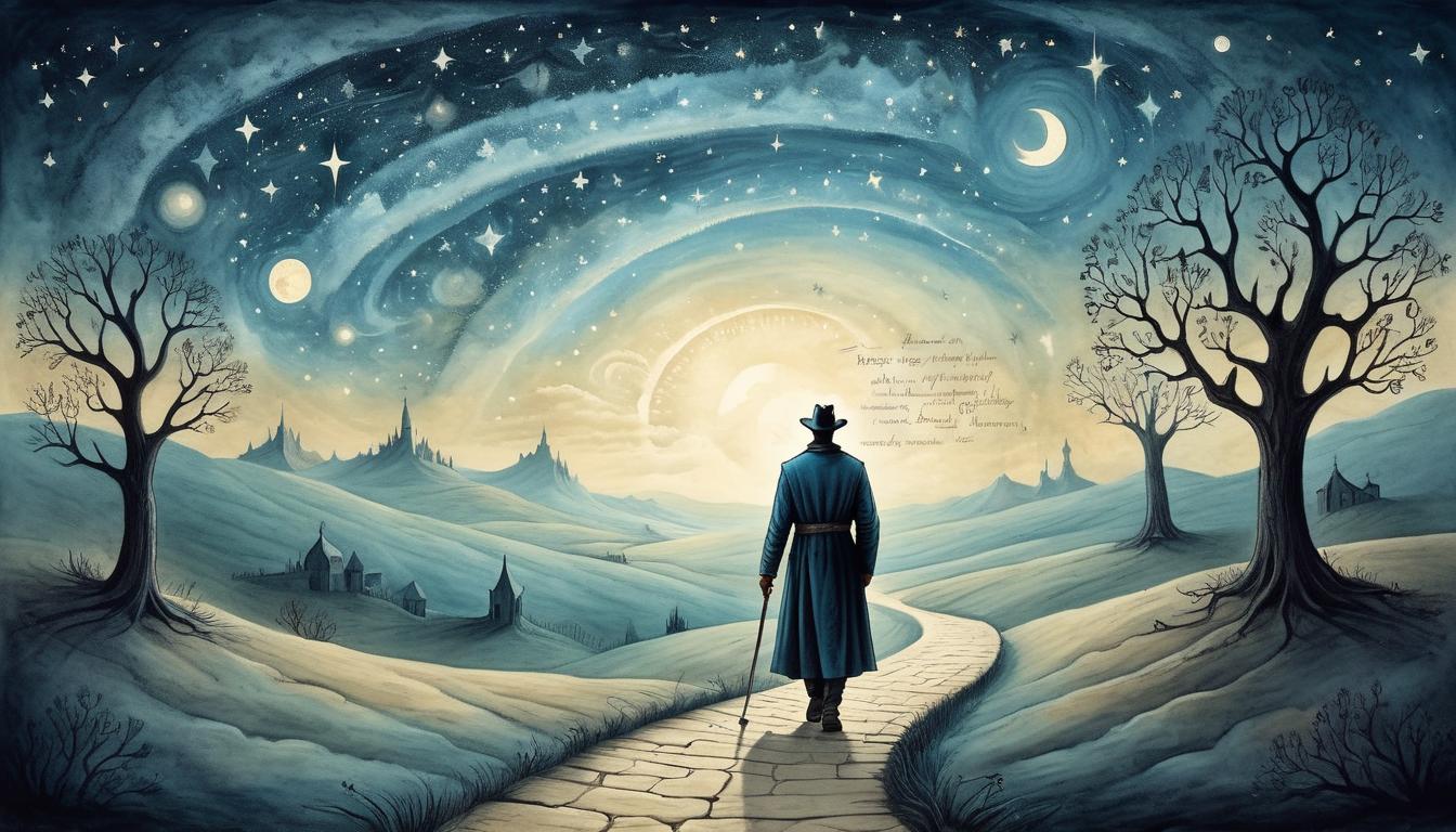  on parchment, surrealism+++, an endless pathway under a starry sky, figure walking confidently, celestial light illuminating path, determination, faith(mysterious, provocative, symbolic,muted color)+++