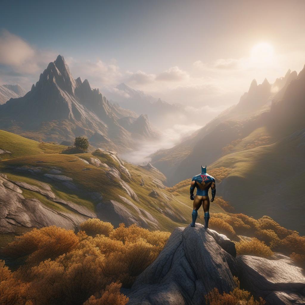  a superhero in a mountain range cartoon hyperrealistic, highly detailed, cinematic lighting, stunningly beautiful, intricate, sharp focus, f/1. 8, 85mm, (centered image composition), (professionally colour graded), ((bright soft diffused light)), volumetric fog, hdr 4k, 8k