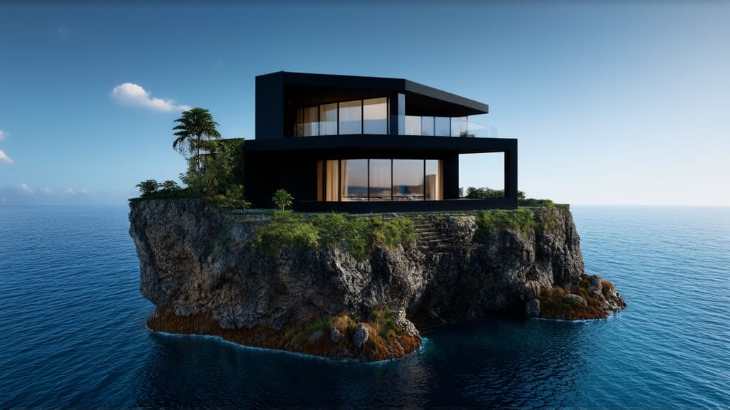  epic realistic, hyperdetailed, (cycles render:1.3), caustics, (glossy:0.58), (artstation:0.82),modern elegant villa in salvador dali style with many details in black tones on the ocean on a cliff ar 16:9