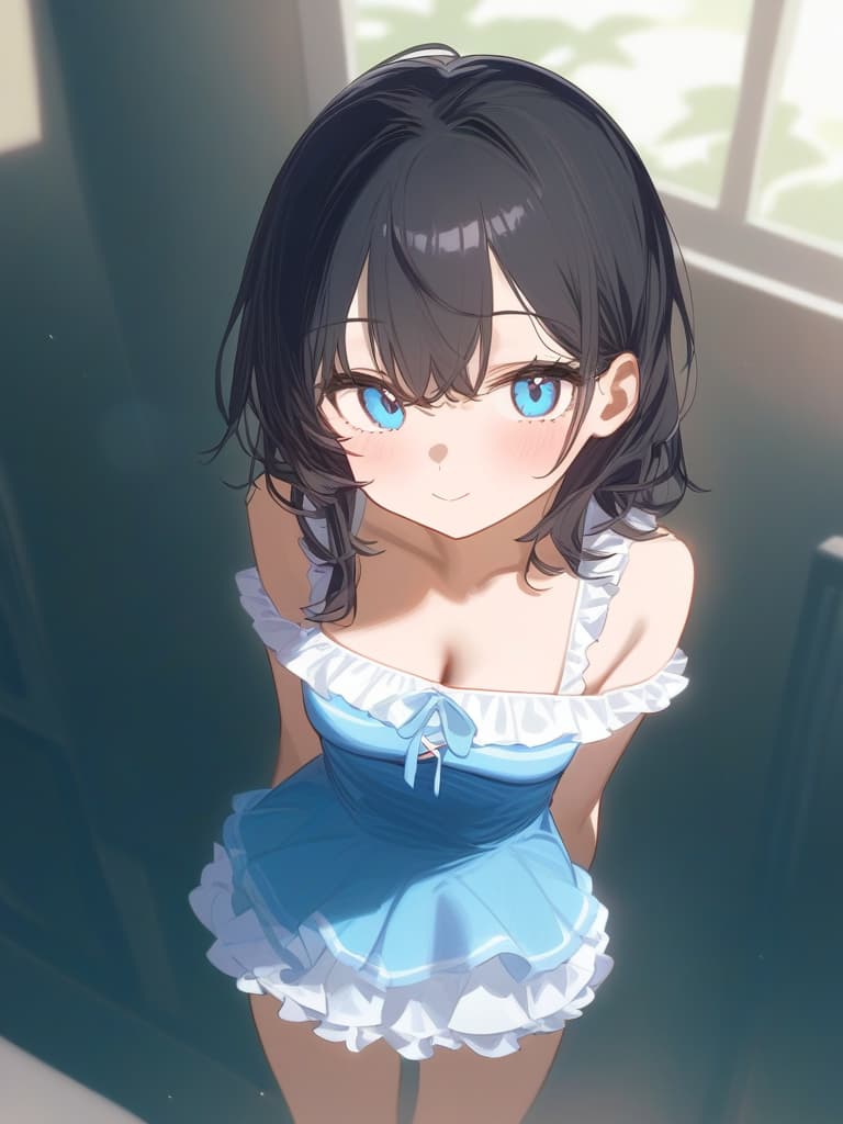  cute face focus,cute,black hair,light blue eyes,cute posing,frill onepiece