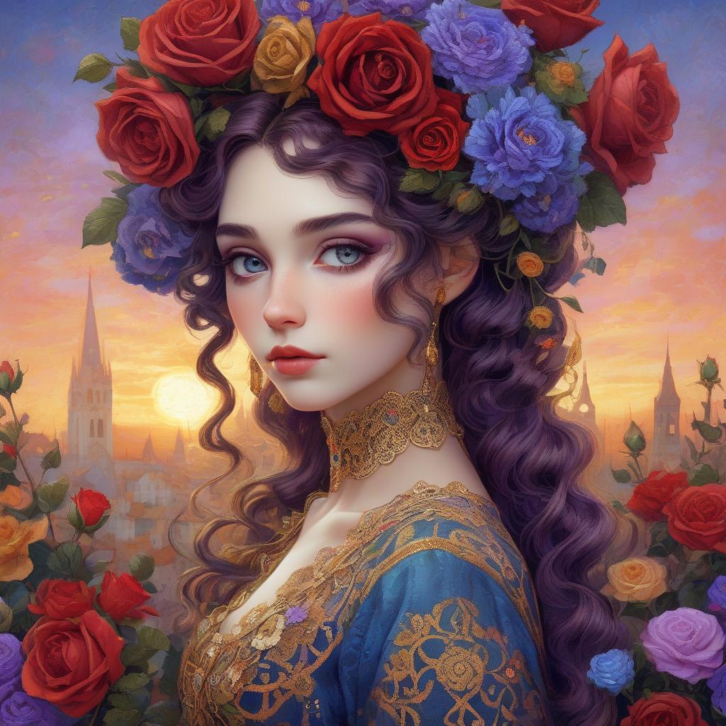  retro game art a close up full body portrait of an stylish beautiful woman dressed in klimt style with a beautiful and very detailed face,style of jean baptiste monge, van gogh style, so many kind of flowers ,roses, klimt style. sunset. background, masterpiece, use shades of purple , blue, red and green best quality, super detailed, high resolution, very detailed, 8k uhd, realistic, (natural light), amazing, fine details, best, high quality, raw photo. arte nova. ember filigree and lace. . 16 bit, vibrant colors, pixelated, nostalgic, charming, fun