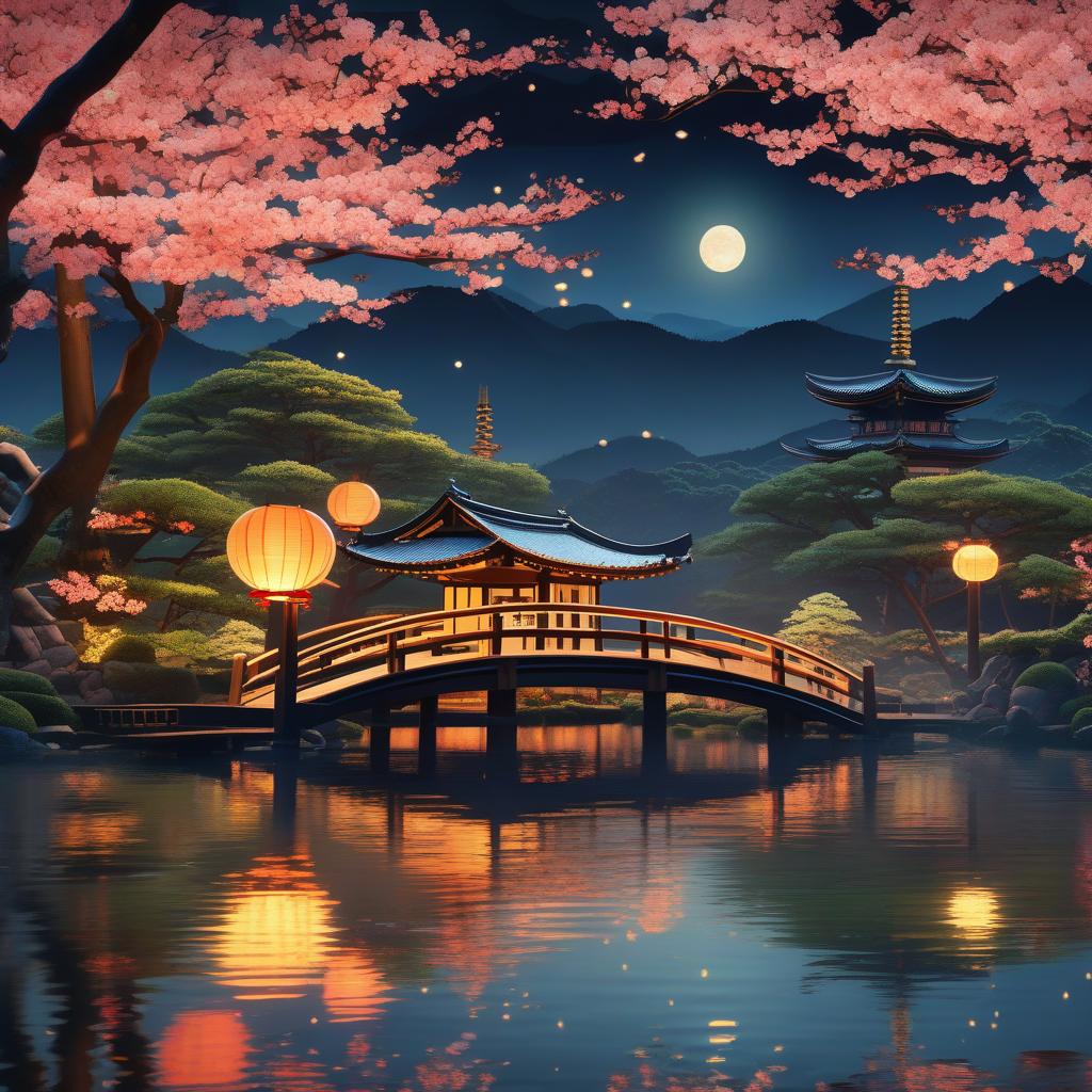  masterpiece, best quality, (fidelity:1.4), best quality, masterpiece, ultra high resolution, 8k resolution, night view inspired by Japanese art, featuring a garden illuminated by paper lanterns and a wooden bridge spanning a tranquil lake with a small Zen temple beside the lake.