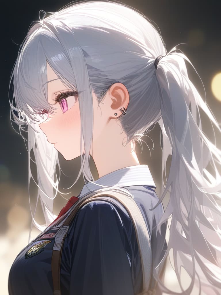  girls, ponytails, silver hair, jit, sleepy eyes, uniforms, high school students, piercings, light pink eyes, dark red school back, profile, profile, masterpiece, best quality,8k,ultra detailed,high resolution,an extremely delicate and beautiful,hyper detail