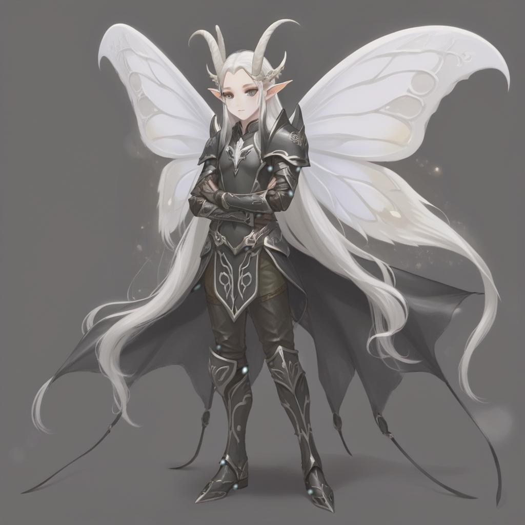  dnd, young , small black horns on the head, white skin, white hair, long hair in the tail, pointed elven ears, white wings of a moth, black leather armor, pearl on the , hkmagic