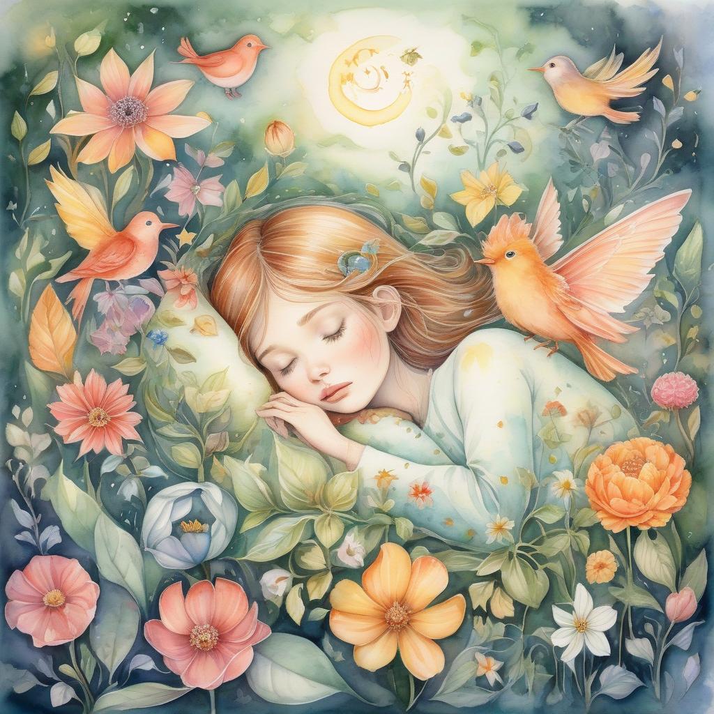  fairy tale (watercolor: 1.4) a girl sleeps inside a flower. fabulous flowers, magical forest, unusual birds, zorina baldescu style . magical, fantastical, enchanting, storybook style, highly detailed, hkmagic, glowneon