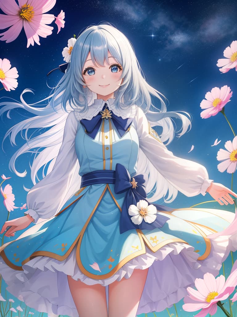  a girl with a smile, akisakura, a lot of cosmos, long hair, blue sky, masterpiece, best quality,8k,ultra detailed,high resolution,an extremely delicate and beautiful,hyper detail