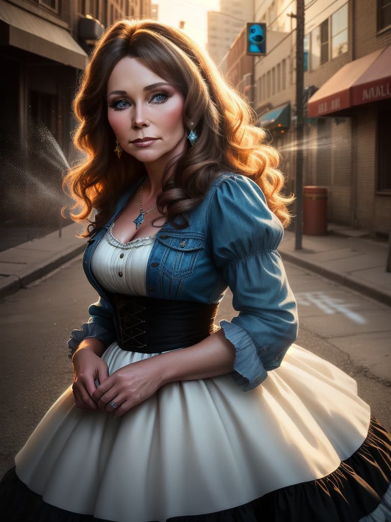  The young country singer Loretta Lynn, medium shot, upper body, spotlight, long exposure lighting, street art style spray paint, glamour lighting