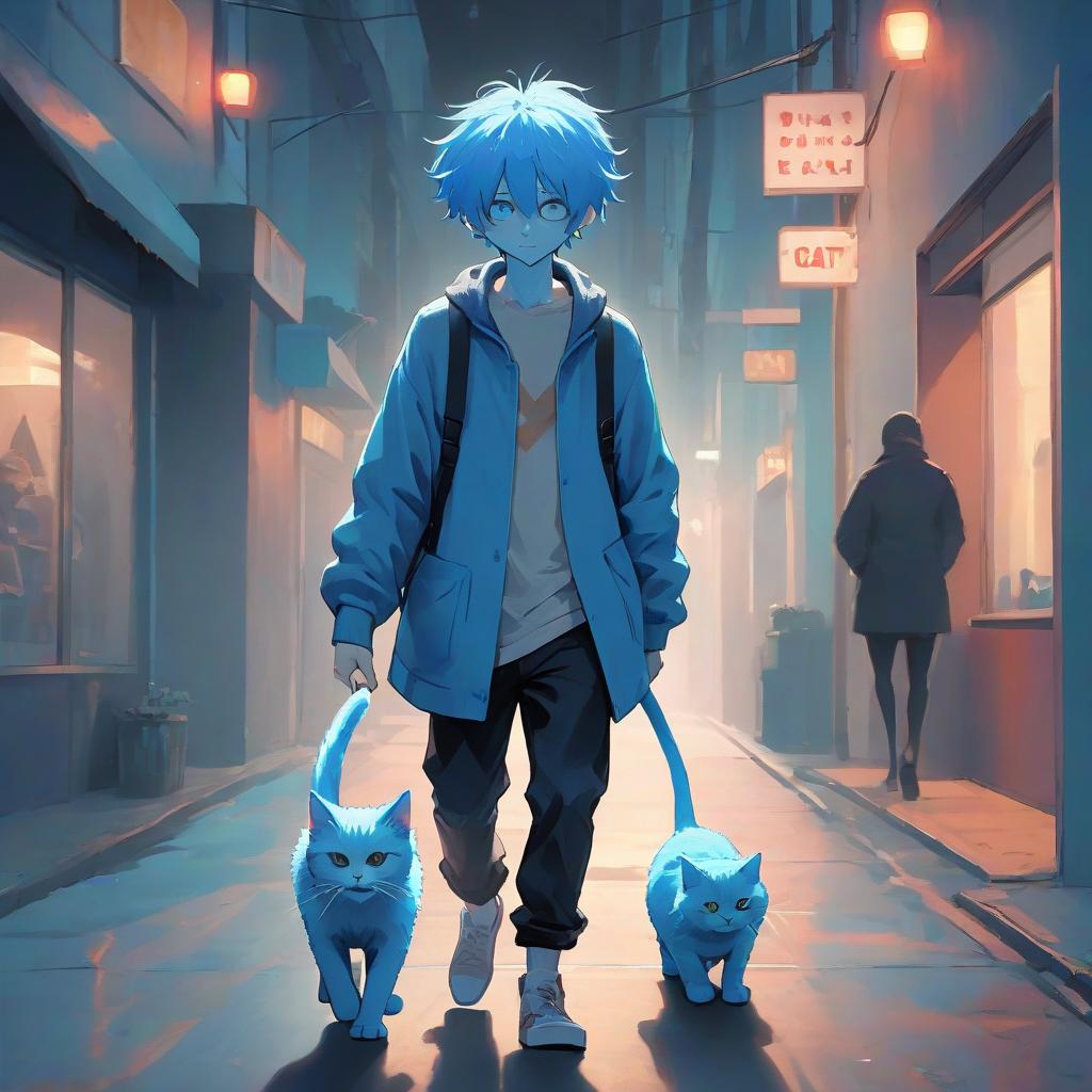  blue haired guy with cat walking into a bright street through a dark room