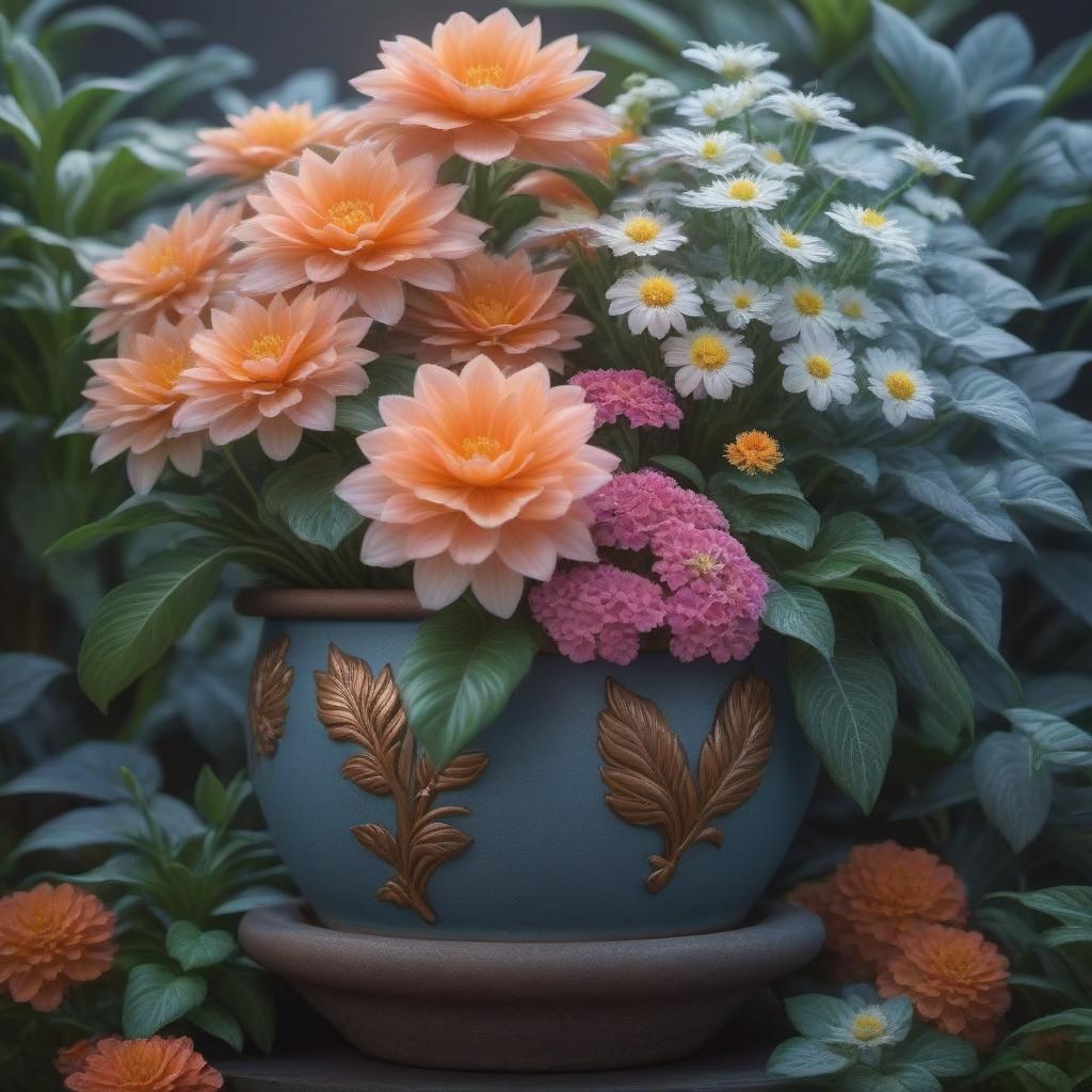  A beautiful flowerpot hyperrealistic, full body, detailed clothing, highly detailed, cinematic lighting, stunningly beautiful, intricate, sharp focus, f/1. 8, 85mm, (centered image composition), (professionally color graded), ((bright soft diffused light)), volumetric fog, trending on instagram, trending on tumblr, HDR 4K, 8K