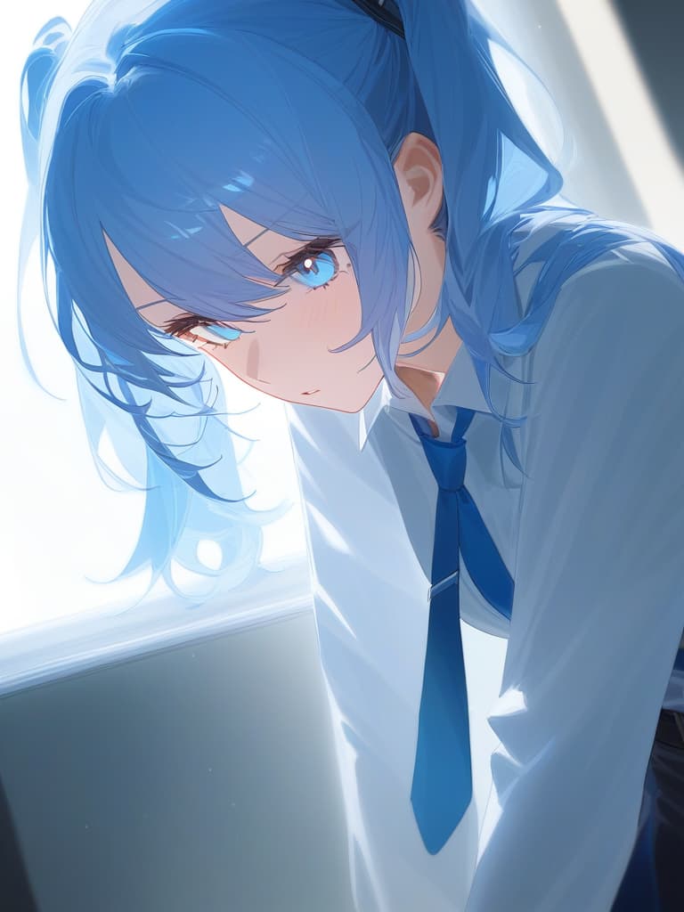  light blue hair, twin tails, , white light blue tie, light blue eyes, eyes a grim, left hand on . [can you see me? can you see me? ] is written on it.