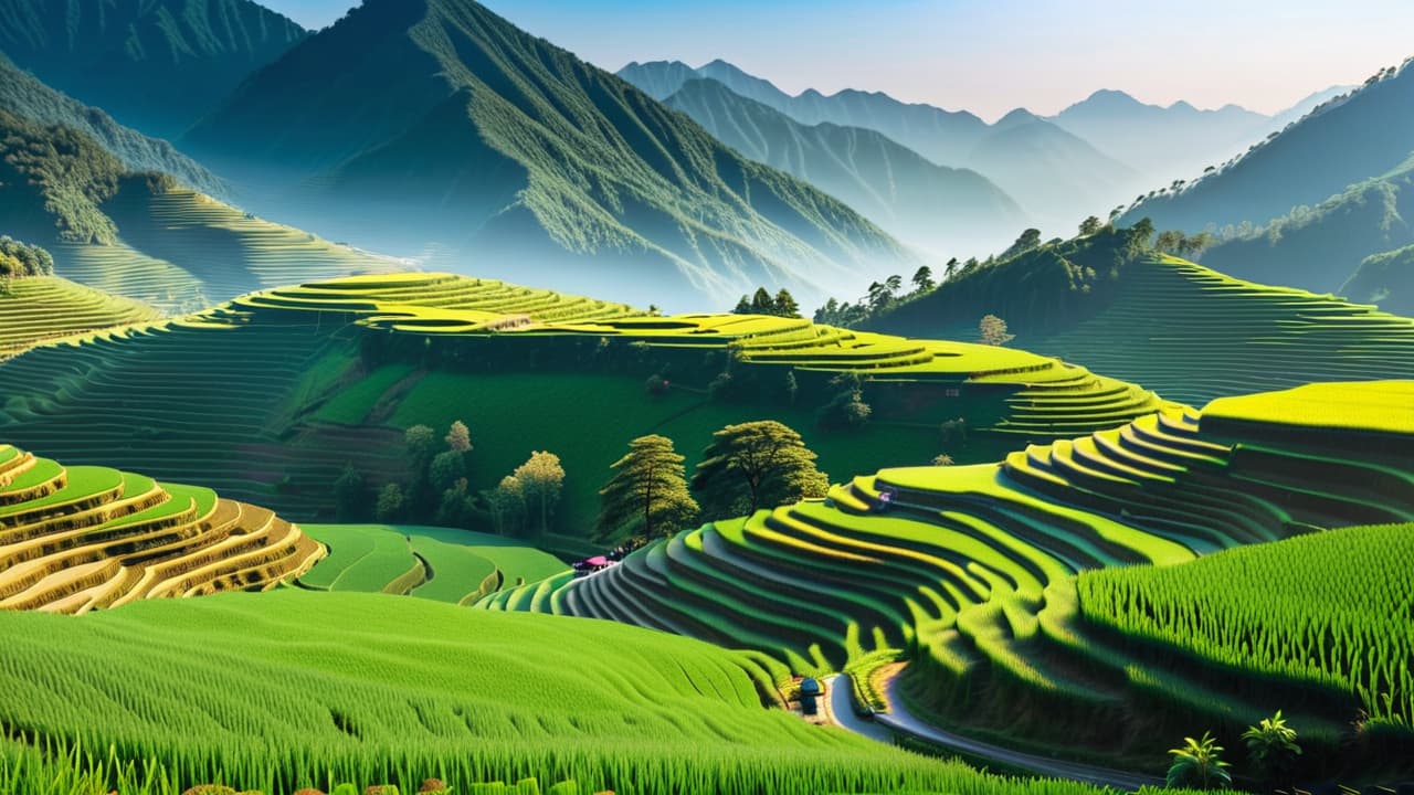  @ image prompt: a stunning landscape of china's diverse geography, featuring the bustling cityscape of shanghai, the serene rice terraces of longsheng, the majestic himalayas, and the lush karst mountains of guangxi, all under a clear blue sky. hyperrealistic, full body, detailed clothing, highly detailed, cinematic lighting, stunningly beautiful, intricate, sharp focus, f/1. 8, 85mm, (centered image composition), (professionally color graded), ((bright soft diffused light)), volumetric fog, trending on instagram, trending on tumblr, HDR 4K, 8K