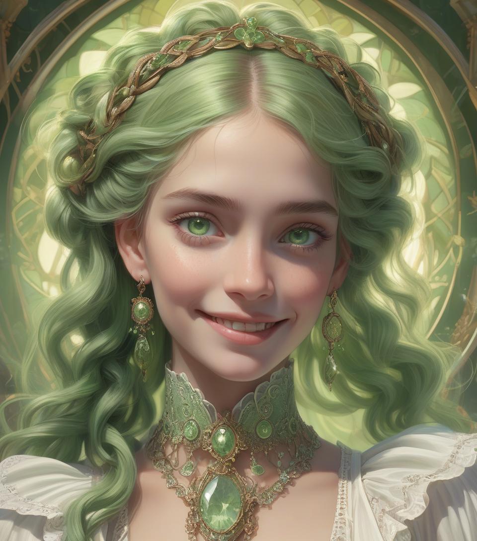  (8k 16k, raw photo, best quality, master:1.2), (realistic, photo realistic:1.37), ultra detailed, 1girl,solo, full body shot, green intricate braided hair, light green eyes, realistic, looking at viewer, happy, smile, masterpiece, realistic photography, by alphonse mucha, by wlop, ), (exaggerated perspectives), f/ 2.8, (surrealist style), visionary art, (trending on artstation) intricate victorian outfit, intricate jewelry, necklace, large earrings, full body, victorian boots,