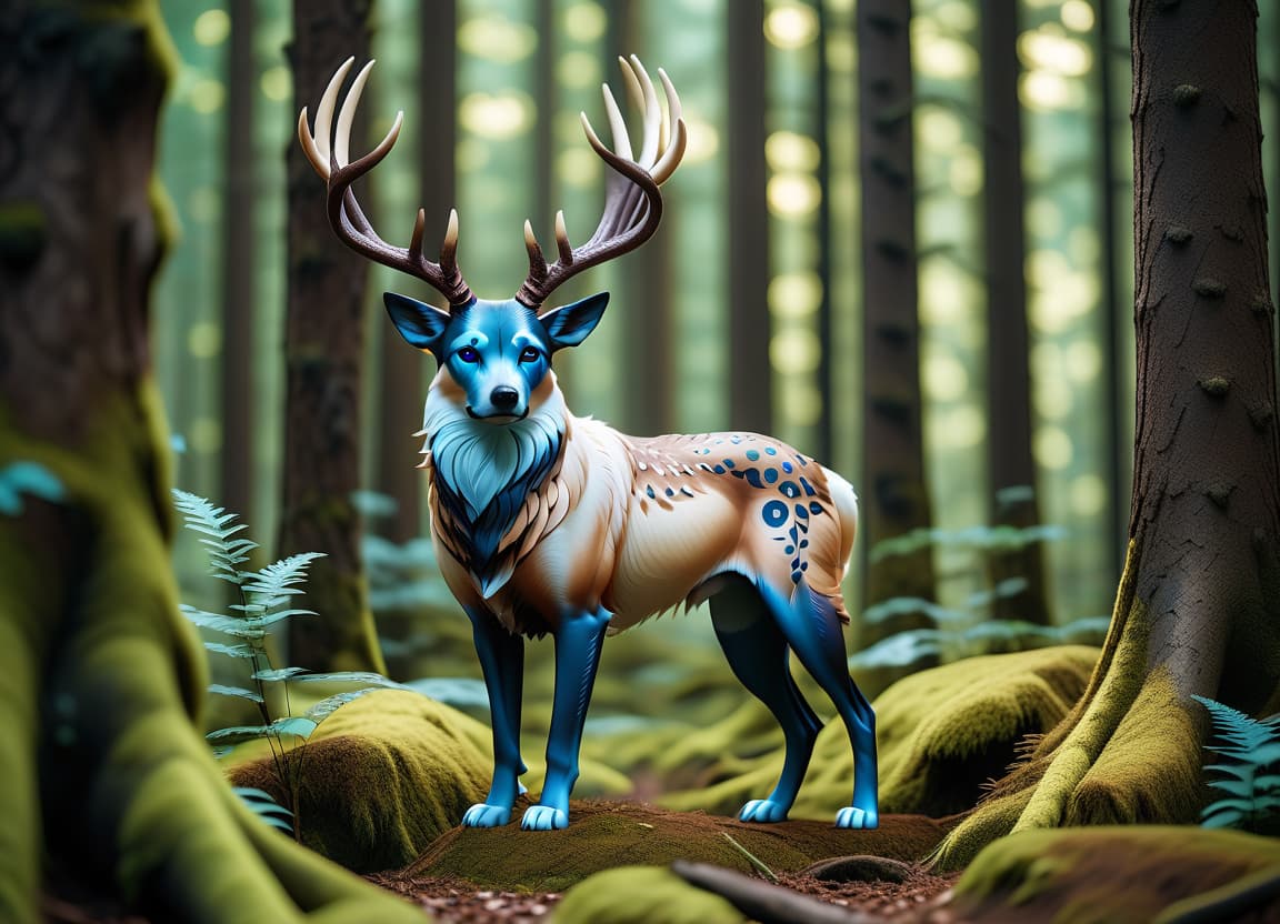  cinematic photo animal, mythical animal, dog with full stag horns, forest, dog, forest spirit animal, forest spirit, patterns, unusual color, blue eyes, full height, stands sideways . 35mm photograph, film, bokeh, professional, 4k, highly detailed