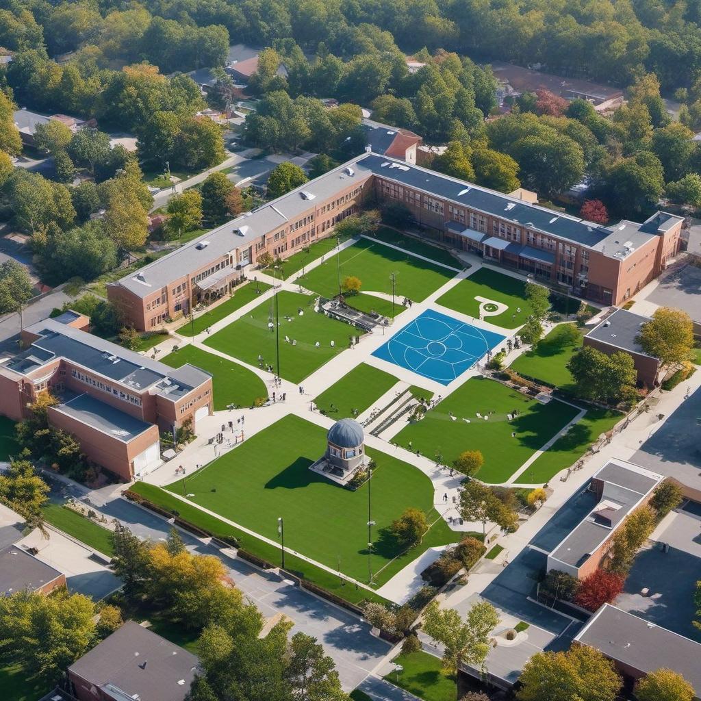  aerial image of high school courtyard with activities in the perfect suburbs , mystical style