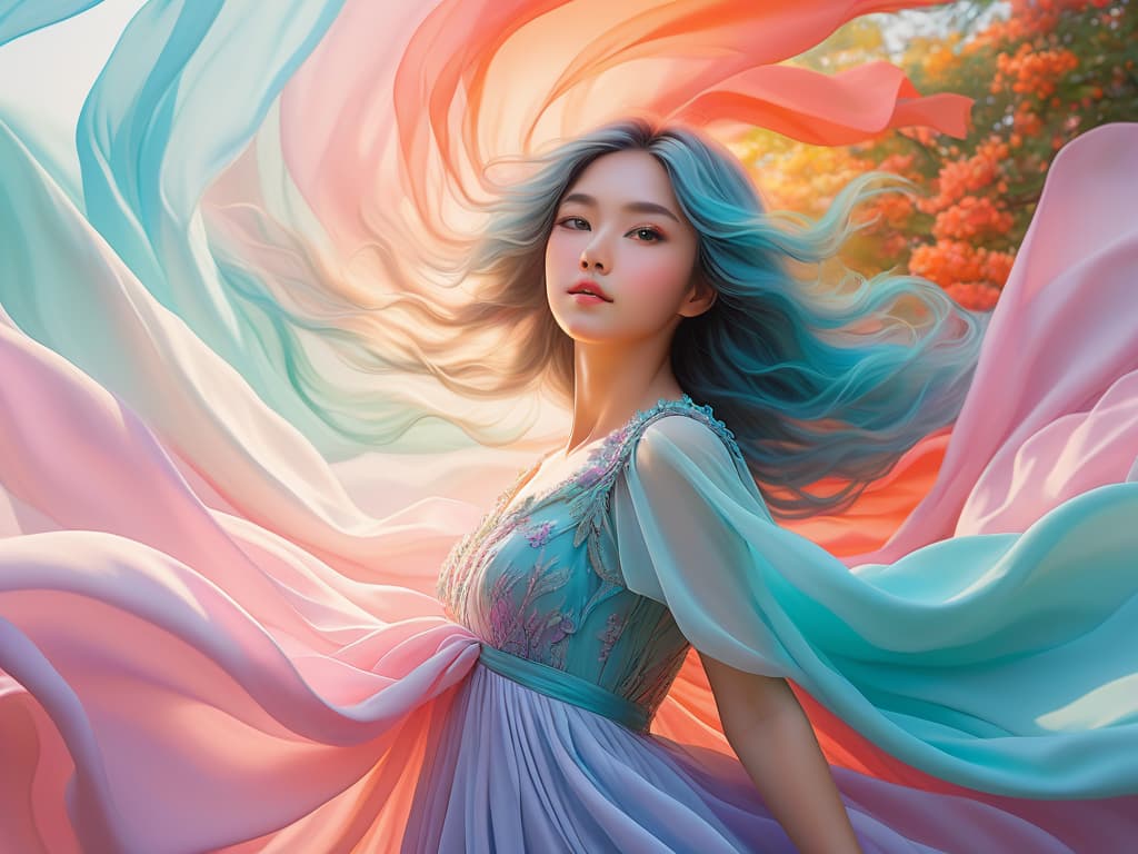  beautiful woman, long flowing hair, elegant dress, soft lighting, dreamy atmosphere, art station, high fashion, vibrant colors, detailed facial features, flowing fabric, ethereal, graceful pose, studio ghibli influence, ee 70mm lens, highly detailed, 4k resolution, raw photobeautiful woman, long flowing hair, elegant dress, soft lighting, dreamy atmosphere, art station, high fashion, vibrant colors, detailed facial features, flowing fabric, ethereal, graceful pose, studio ghibli influence, ee 70mm lens, highly detailed, 4k resolution, raw photo,better face.