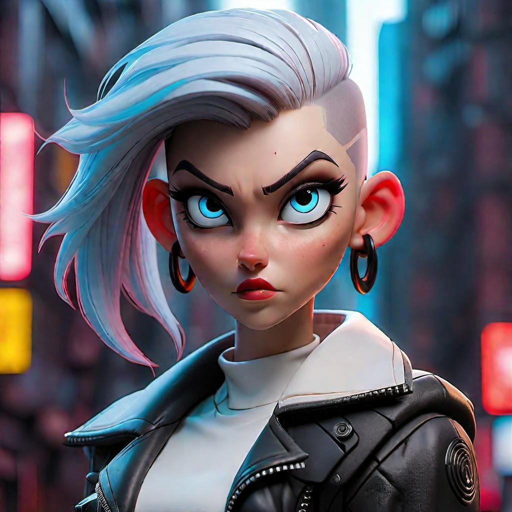  cartoon style close up portrait ((beautiful pale cyberpunk female with heavy black eyeliner)), blue eyes, shaved side haircut, hyper detail, cinematic lighting, magic neon, dark red city, canon eos r3, nikon, f/1.4, iso 200, 1/160s, 8k, raw, unedited, symmetrical balance, in frame, 8k