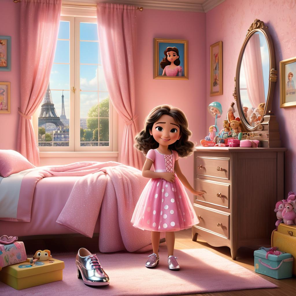  in 3d animated movie style. disney pixar style. paris, a in a pink dress with white polka dots and sparkly silver shoes, is portrayed as curious, kind hearted, a shy but ve. the scene is set in paris's cozy and colorful bedroom in the morning light, filled with scattered toys and a mirror reflecting her brushing her shoulder length dark brown hair. the art style resembles a high resolution, pixar 3d animated film with detailed rendering, capturing lifelike textures and vint colors. soft morning light streams through a window, casting warm hues, highlighting the pink dress and silver shoes. the camera angle is a medium shot, focusing on paris in a happy moment, brushing her hair, with a slight low angle to showca