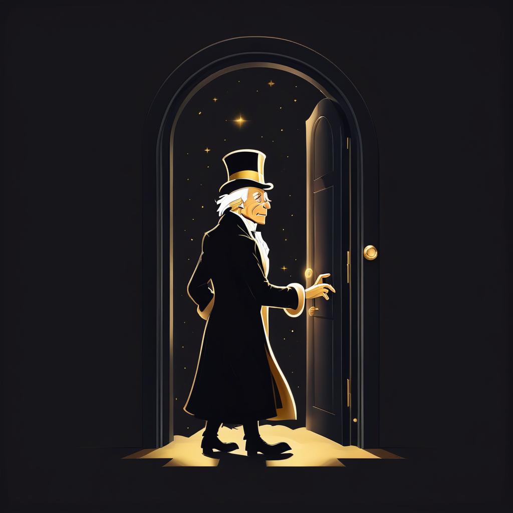  black and gold scrooge opens the door to the internet, 2d art, logo, flat digital drawing, logo