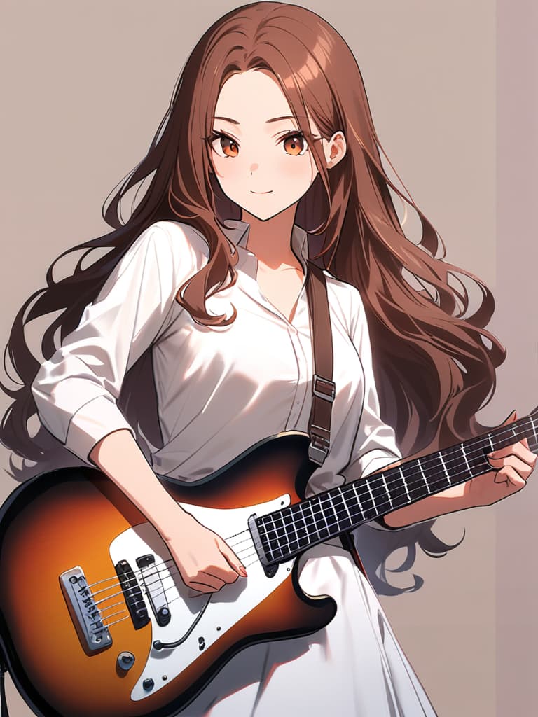  (beautiful girl:1.5)(brown hair:1.5)(long hair:1.7)(wavy hair:1.5)(with a electric guitar:1.7){in red leather jacket:1.5}{playing guitar happily:1.7} master piece,high quality,16k,super analysis,correct finger position,correct finger count