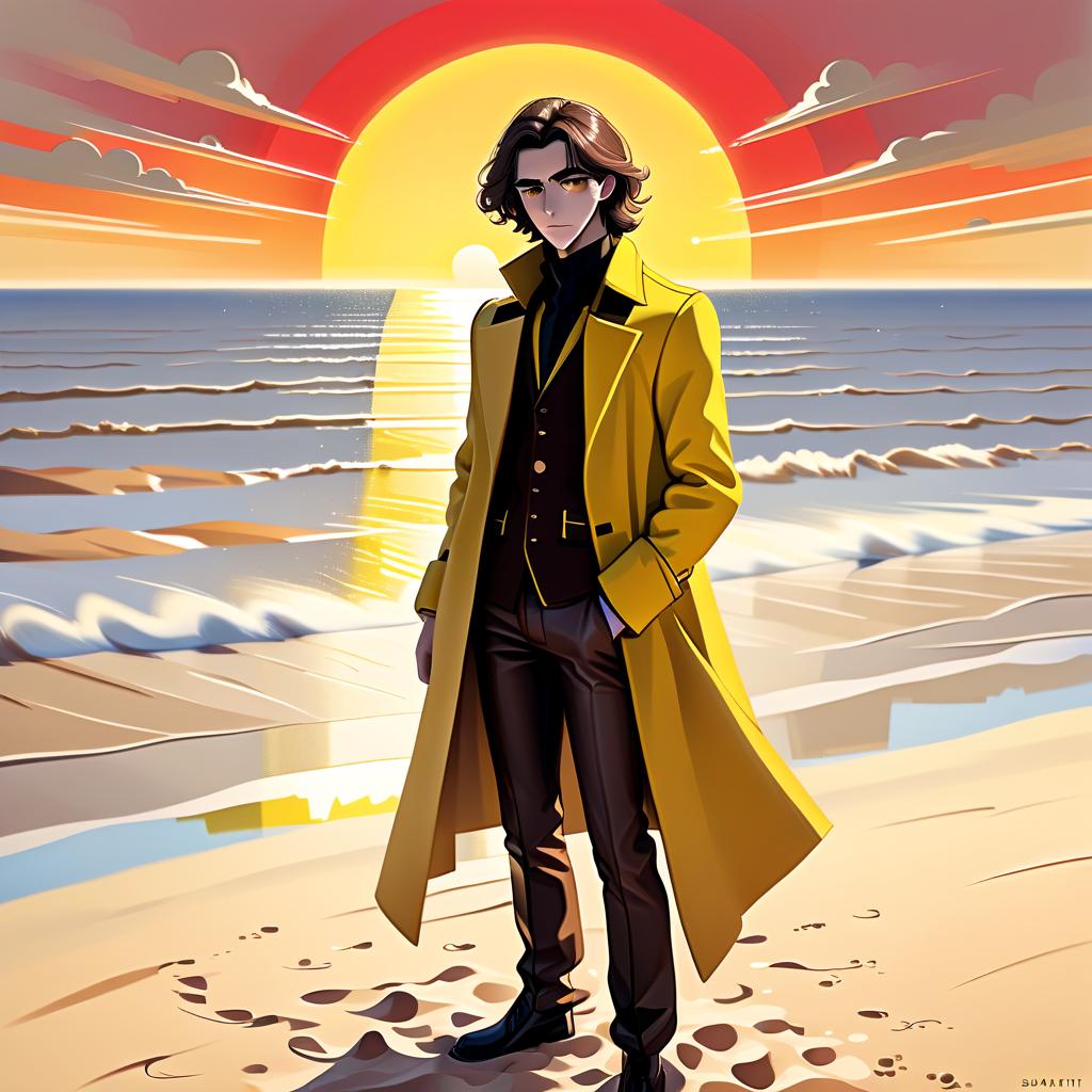  constructivist style a young man stands on a beach where the soft sand extends to the horizon. he has long dark brown hair, which flies slightly in the breeze. his face, with pronounced jewish and slavic features, radiates lively energy. brown eyes are full of deep emotions, as if reflecting the vast expanses of the ocean. he wears a bright yellow coat that seems to shine, catching the eye and contrasting with the soft shades of the sunset. under his coat he wears a black shirt and black pants are decorated with yellow elements, creating a stylish and dynamic look. the sunset blooms in the sky, turning the surrounding space into a magical spectacle. the bright red rays of the sun fall on the terrain in stripes, highlighting the sandy shore 