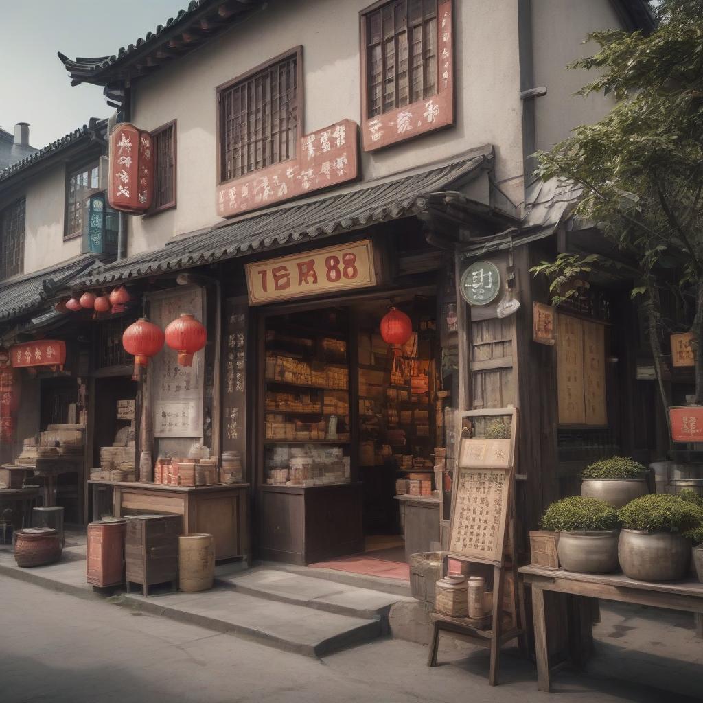  chinese town, tea store, tea ceremony, sign text “tea875”, epic foto, 4k